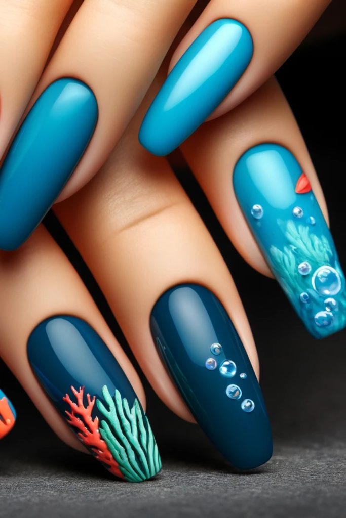 25. Deep Sea Blue with Coral Accents